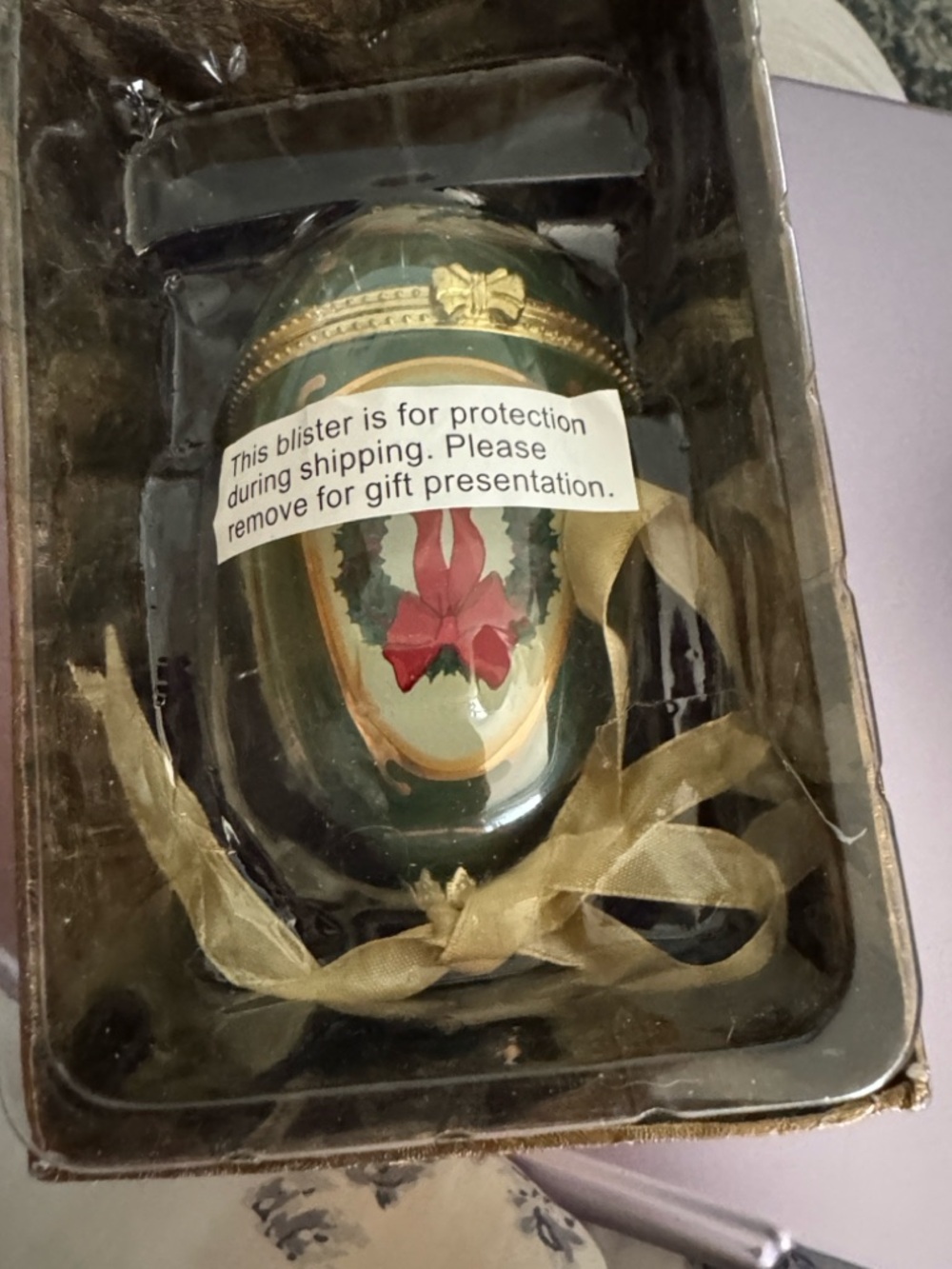 Hand-Painted Decorative Egg Ornament with Bow Accent - Green & Gold
